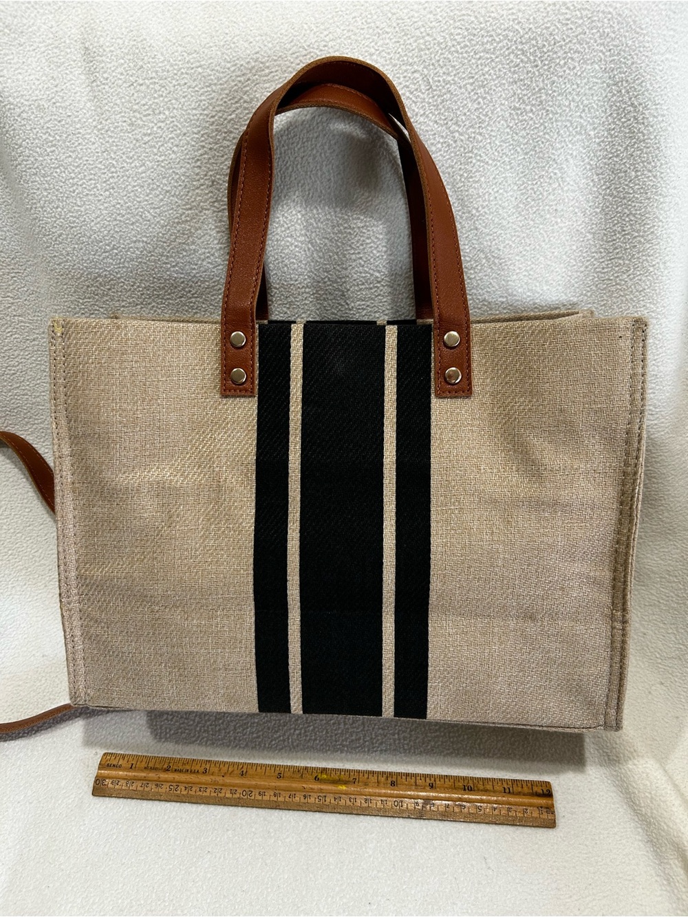 Canvas Tote with Black Stripe and Brown Leather Handles